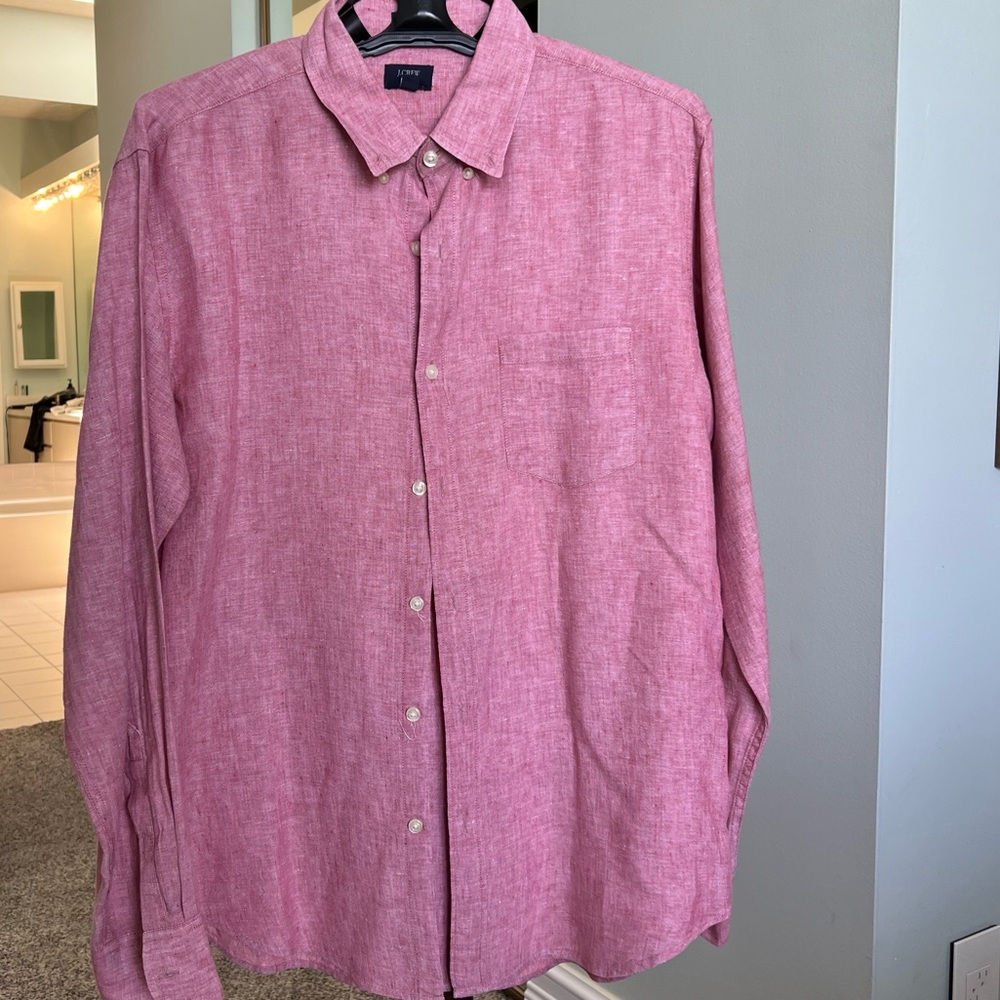 Men’s J Crew Linen Trim Fit Button Down Shirt Red Linen Color SIZE LARGE